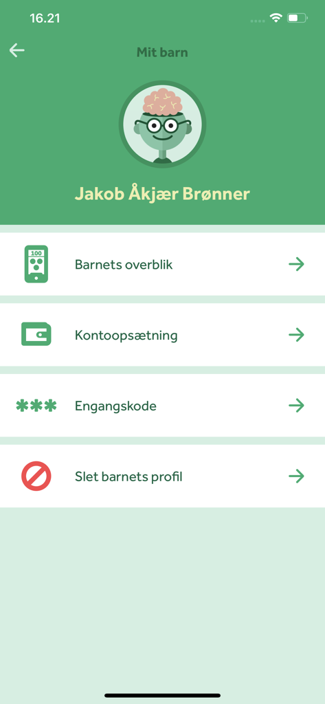 Parental control screen in the Pengeklog app for managing a child's account settings