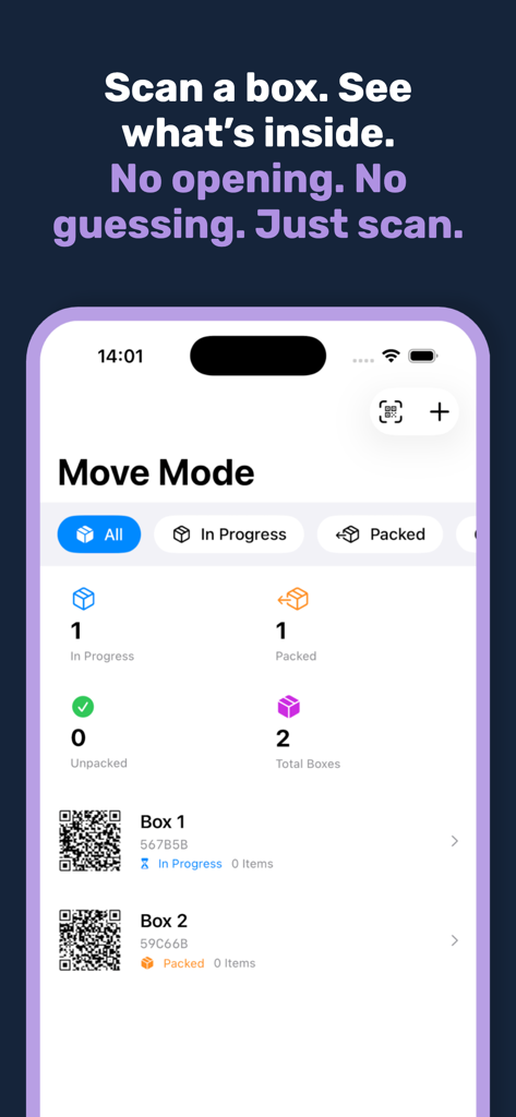 ItemMind – Home Inventory - ItemMind Home Inventory app Move Mode screen showing moving boxes with QR codes for tracking and scanning items.