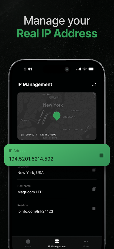 Star VPN IP Management screen displaying the current real IP address and location on a map of New York USA.