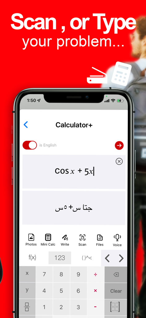 Math Solver Homework helper - Mobile app interface showing a math equation with an Arabic translation and a scientific calculator