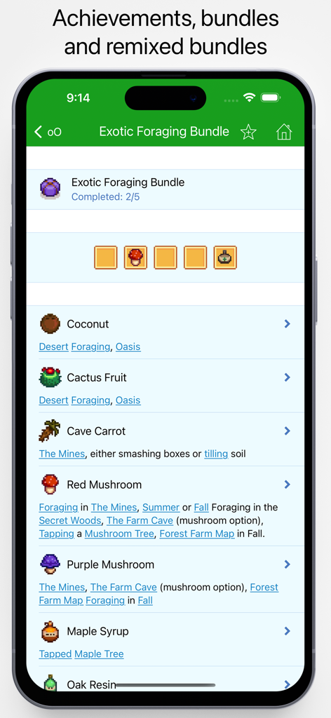 Screenshot of the Exotic Foraging Bundle tracking screen in the Database for Stardew Valley app showing item locations and requirements