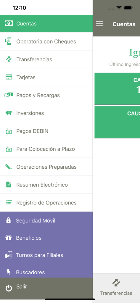 Menú de navegación de la aplicación de banca móvil Credicoop Móvil Empresas que muestra varios servicios financieros