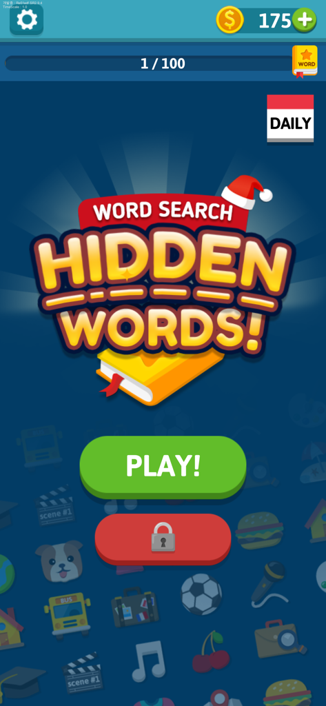 The main menu screen of Word Search Hidden Words mobile app featuring a large green Play button and a festive logo with a Santa hat.