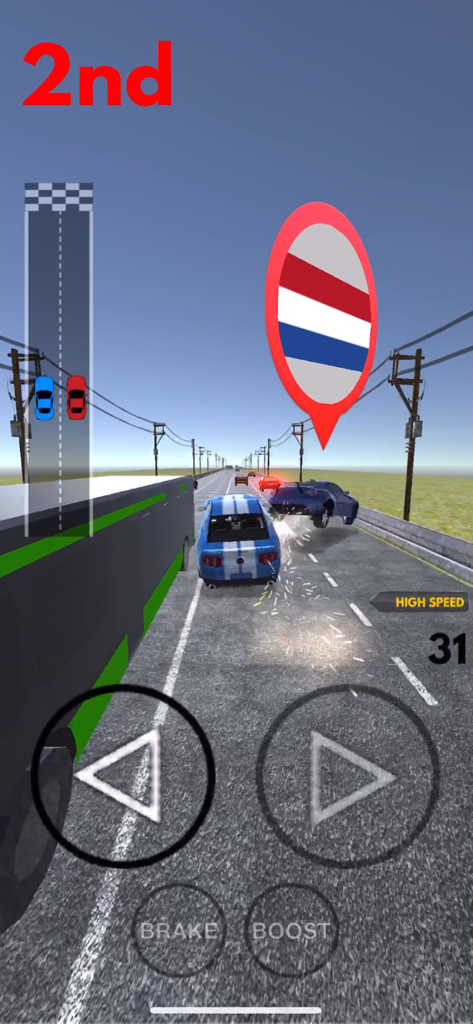 Racing Clash: Car Racing - Gameplay screenshot of Racing Clash showing a blue car in second place during a PVP race.