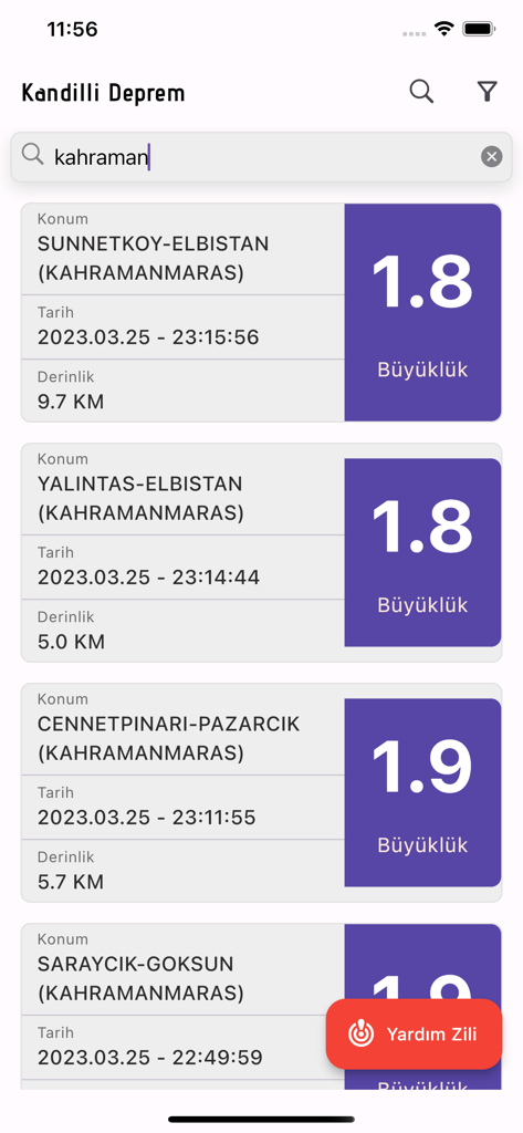 Kandilli Deprem - Screenshot of the Kandilli Deprem app showing a list of recent earthquakes in Kahramanmaras with magnitudes and locations