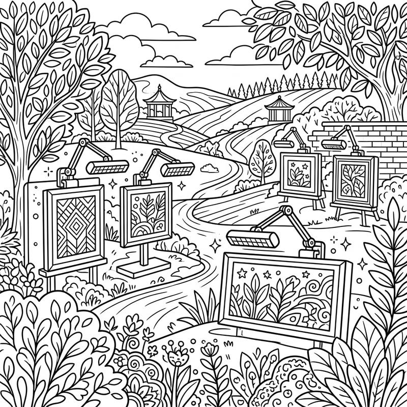 Step into a serene outdoor art gallery with this captivating full scene coloring page, where picture lights highlight intricate artworks nestled within a beautiful landscape. Unleash your creativity as you bring this detailed exhibition to life with your favorite colors.