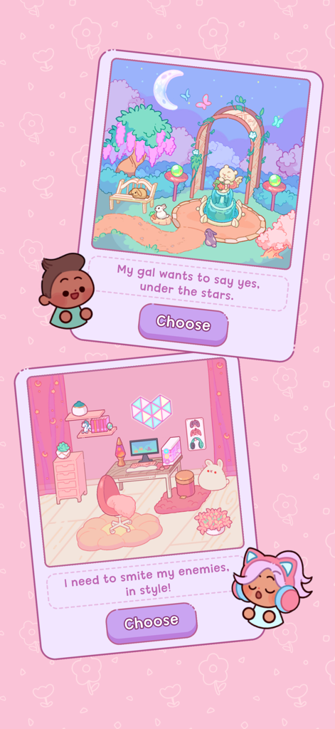 Adorable Garden - Interfaz del juego móvil que muestra dos tarjetas estilo Polaroid con opciones para elegir un escenario de jardín romántico o una elegante sala de juegos rosa.