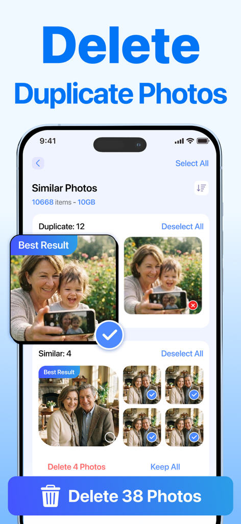 AI Cleaner interface showing similar and duplicate photos identified for deletion to free up storage space.