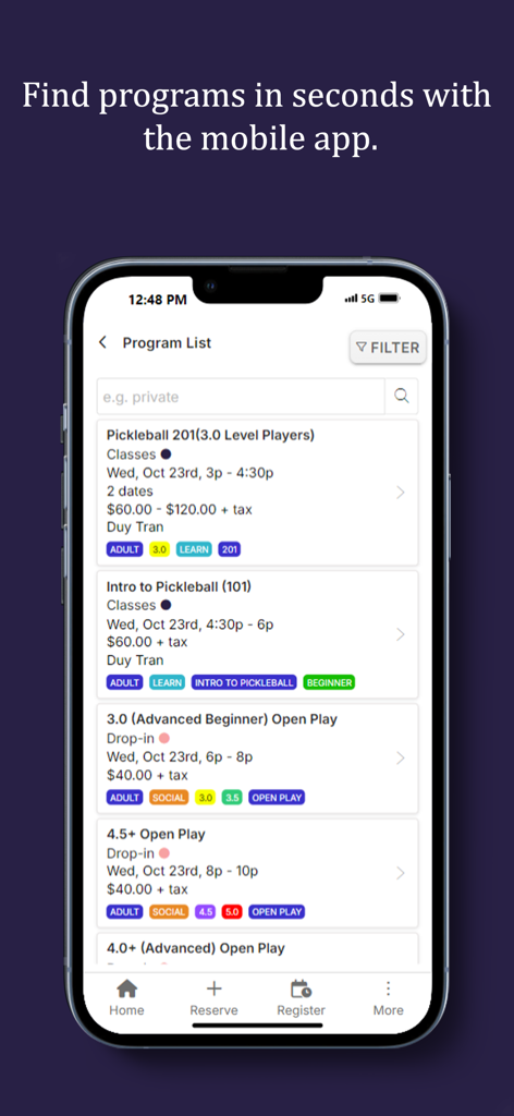 PKLYN mobile app showing a list of available pickleball classes and open play sessions