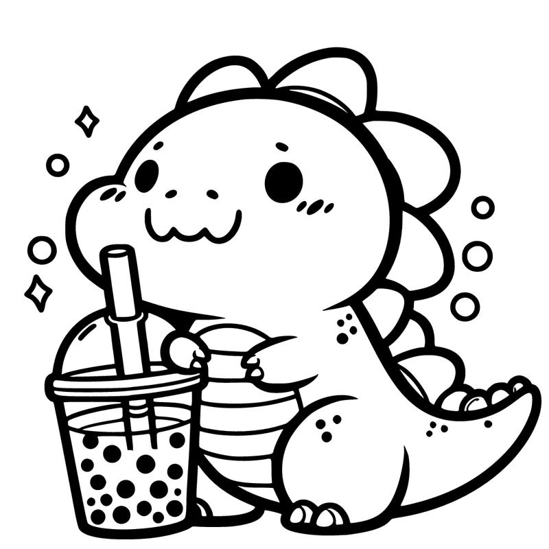 a kawaii dinosaur holding boba tea