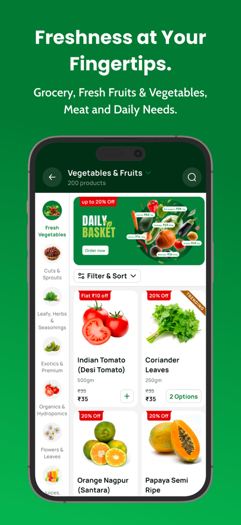Mobile app interface of SPAR India showing fresh vegetables and fruits like tomatoes and oranges with discount offers