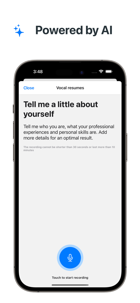 Resume AI – Intelligent CV App - CVpopアプリのスクリーンショットで、AI搭載のボーカル履歴書録音画面が表示されています