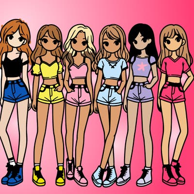 a group of girls wearing crop tops and shorts