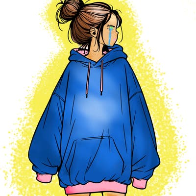 realistic girl with a oversized sweatshirt on and a bun