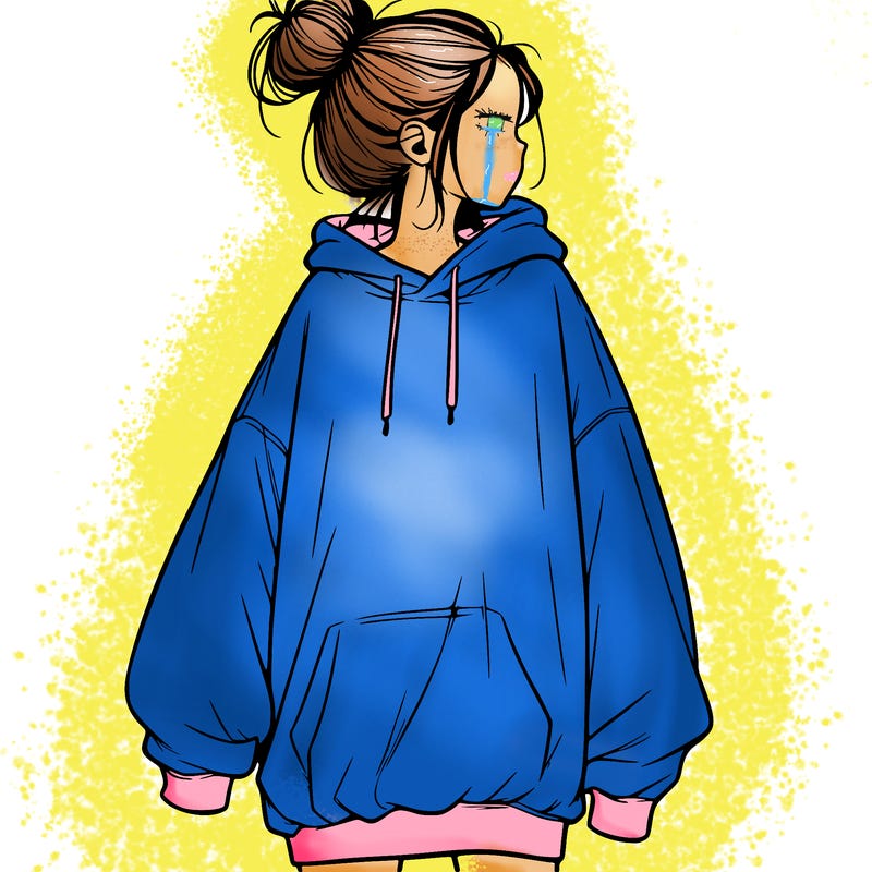 realistic girl with a oversized sweatshirt on and a bun