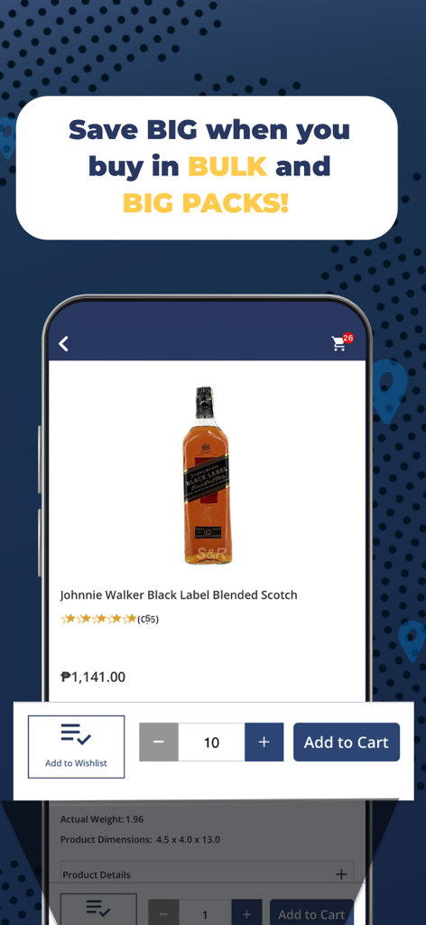S&R Shopping - SNR Shopping Mobile App-Oberfläche, die Optionen für Großkäufe von Johnnie Walker Whiskey zeigt.