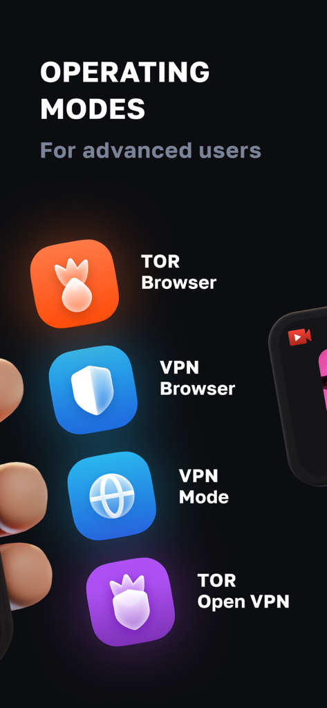 Buddy Onion: Tor Browser & VPN - Interfaz de la aplicación Buddy Onion mostrando cuatro modos de operación para usuarios avanzados: Navegador Tor, Navegador VPN, Modo VPN y Tor Open VPN.