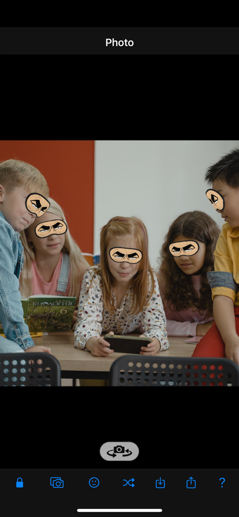 AR Mask - A group of children with funny cartoon eye AR masks overlaid on their faces using the AR Mask app