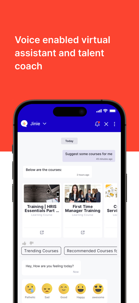 PeopleStrong - A mobile screen showing the Jinie AI virtual assistant in the PeopleStrong app with course recommendations and a mood tracker.
