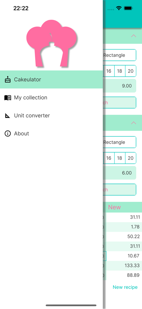 Side navigation menu of the Cakeulator baking app showing conversion tools and recipe collection