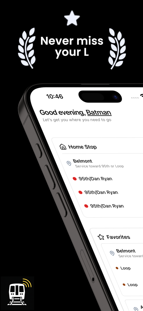 iPhone上のChiTrackアプリインターフェース。ベルモント駅のシカゴCTA電車のリアルタイム到着時間を表示。