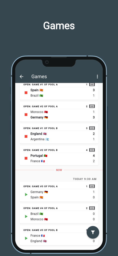 Tourney Maker - Real-time tournament game results and schedule showing pool play matches and scores