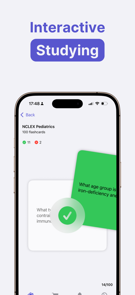 MemoraX: AI Flashcard Maker - Interactive study session on the MemoraX app showing a swiped flashcard for NCLEX Pediatrics