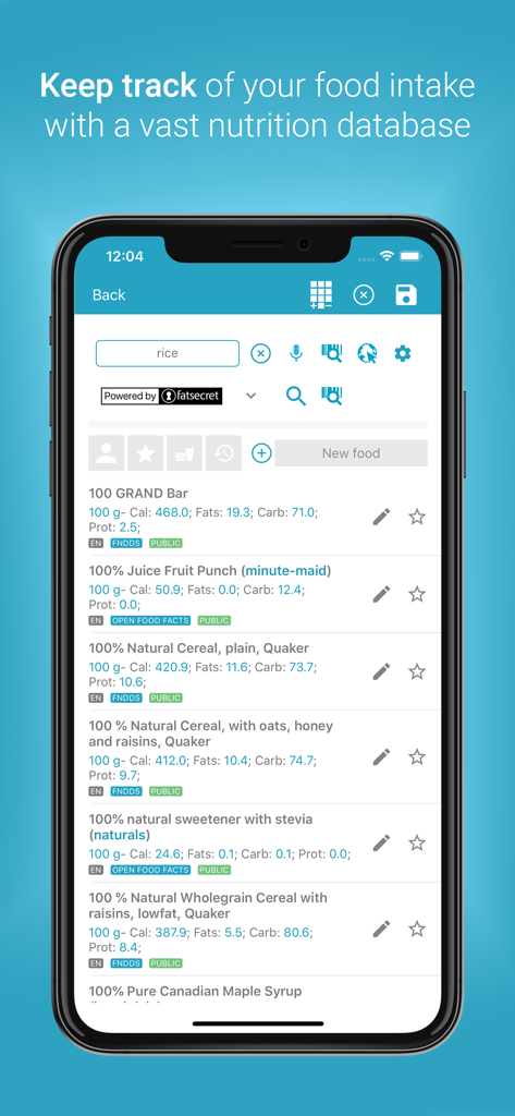 Diabetes:M app screen showing a searchable nutrition database with calorie and carbohydrate details for food tracking.