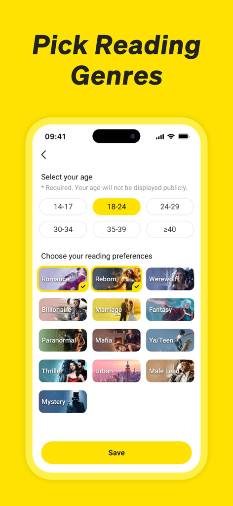 Die NovelUP-App-Oberfläche zur Auswahl des Alters des Benutzers und der Lesepräferenzen wie Romanze und Milliardär.