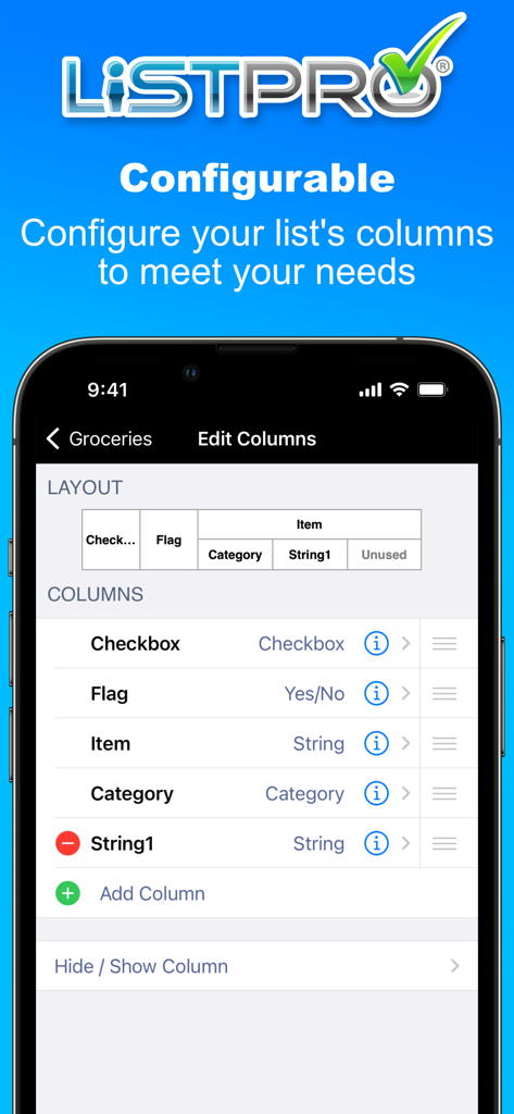 ListPro - ListPro mobile app interface for configuring and editing list columns
