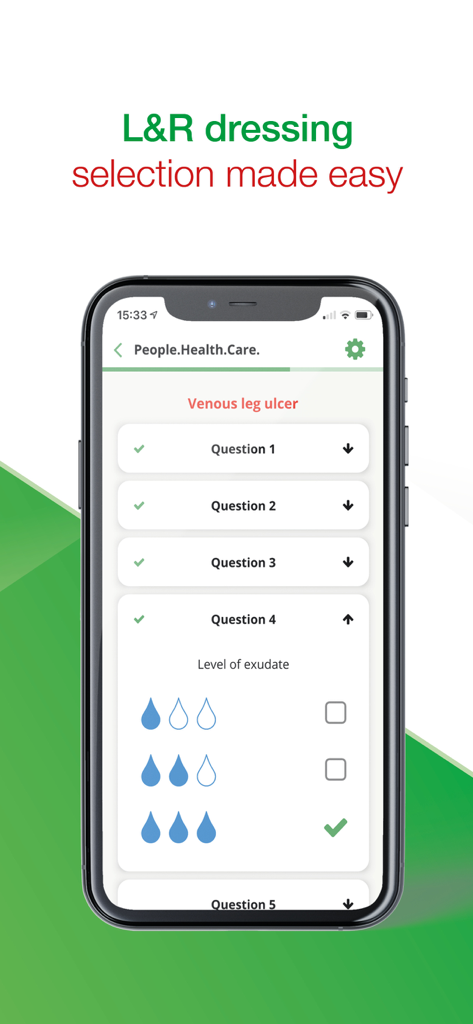 WoundNavi - 創傷評価および医療用ドレッシング選択のための臨床的な質問が表示されるWoundNaviモバイルアプリのインターフェイス。