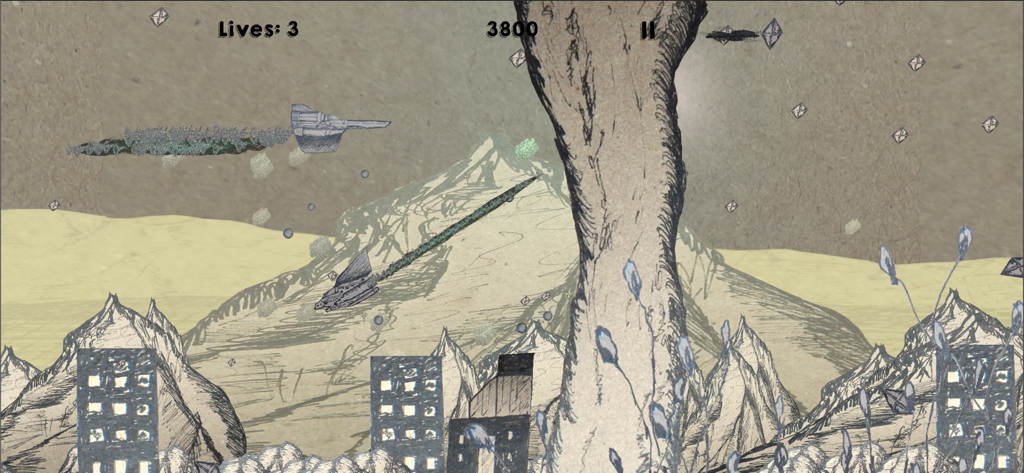 Jugabilidad de un juego de disparos espaciales de desplazamiento lateral con gráficos de tinta dibujados a mano que muestran una nave espacial volando sobre un paisaje montañoso