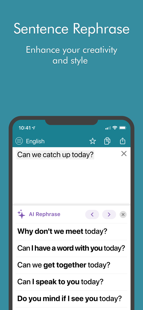 Ginger Writer - AI-powered sentence rephraser in the Ginger Writer app showing multiple ways to rewrite a message