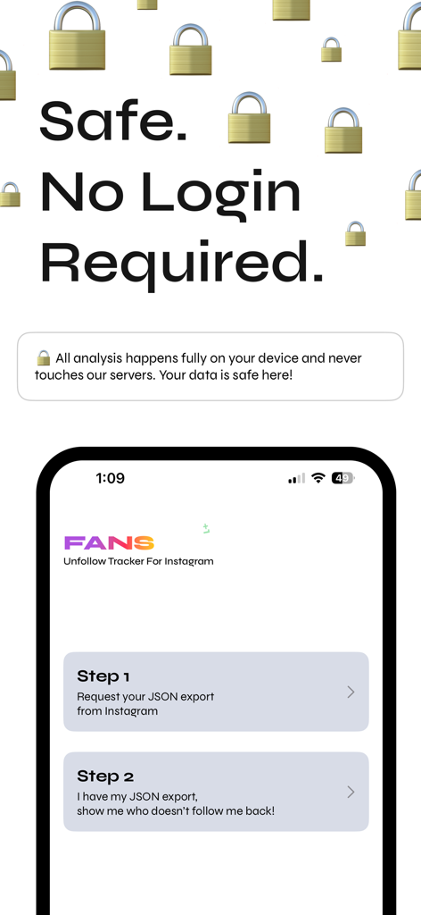 FANS Unfollow Tracker 앱의 스크린샷으로, 인스타그램 데이터 가져오기 단계를 보여주는 안전한 로그인 불필요 인터페이스 표시