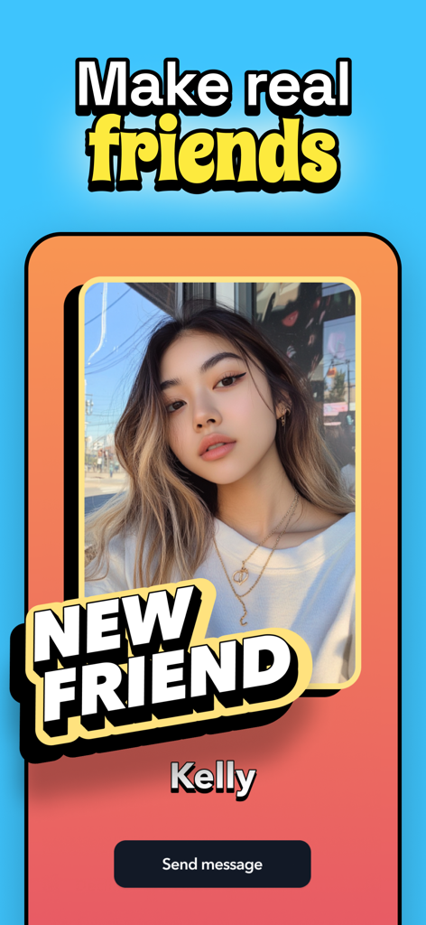 Hoop 앱 인터페이스, '메시지 보내기' 옵션이 있는 Kelly의 사용자 프로필 표시