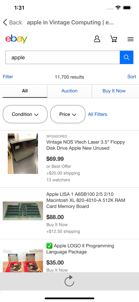 Interfaz de la aplicación Myibidder mostrando resultados de búsqueda de eBay para artículos de computación Apple vintage