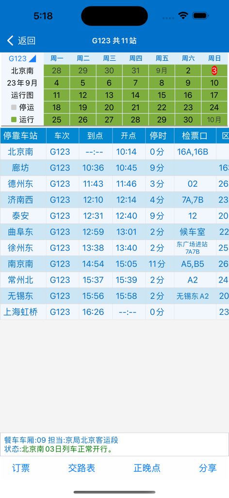 路路通时刻表 - Screenshot dell'app Lulutong che mostra l'orario del treno G123 con fermate e orari di arrivo