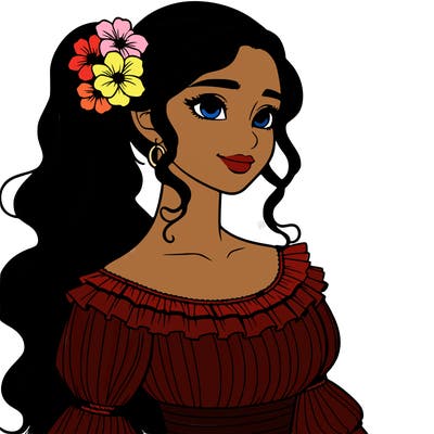 a single latina woman with a side ponytail and a long dress with ruffles. she has a few discreet flowers in her hair. realistic