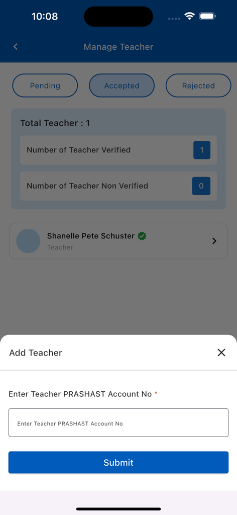 Interface of the PRASHAST app showing the manage teacher screen and a popup to add a teacher via account number