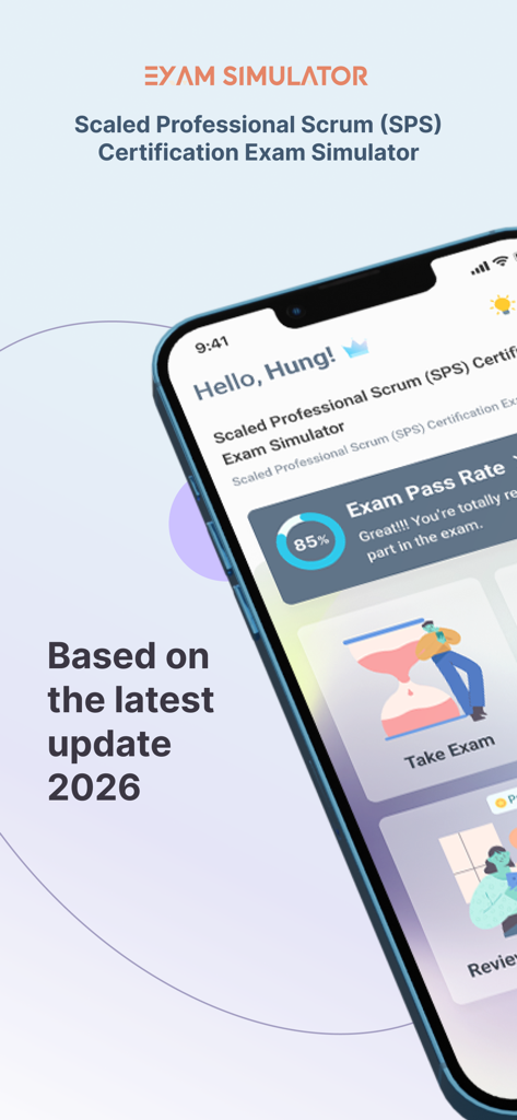 SPS Exam Simulator - SPS Exam Simulator mobile app interface showing Scaled Professional Scrum certification progress and exam options