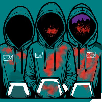 3 faceless people in  hoodies