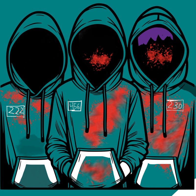 3 faceless people in  hoodies