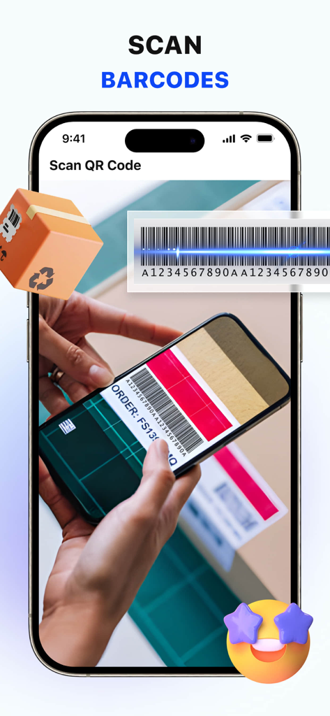 QR Scanner & AI Card - Interfaz de aplicación de iPhone que muestra a un usuario escaneando un código de barras en un paquete de envío.