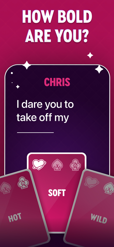 Couples games: Sex Roulette - Pantalla de juego móvil que muestra un desafío de reto para parejas con diferentes niveles de intensidad, incluyendo suave, picante y salvaje