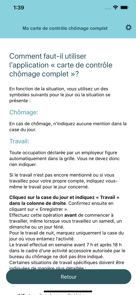 Instruction screen of the eC3 app explaining how to record unemployment and work days