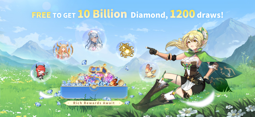 Arcadia: Breath of the Land - Promotional banner for Arcadia Breath of the Land featuring an anime character and a treasure chest with 10 billion diamonds and 1200 draws.