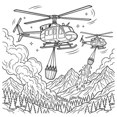 Experience the thrill of airborne heroes with this dynamic coloring page featuring firefighting helicopters battling a raging forest fire. Capture the intensity of the scene by bringing vibrant colors to the soaring aircraft and dramatic landscape.