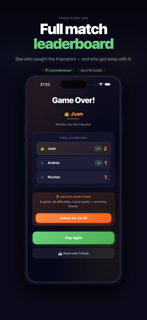Impostor Football - Una pantalla móvil que muestra la tabla de clasificación final del partido y los resultados del fin del juego en la aplicación Fútbol Impostor