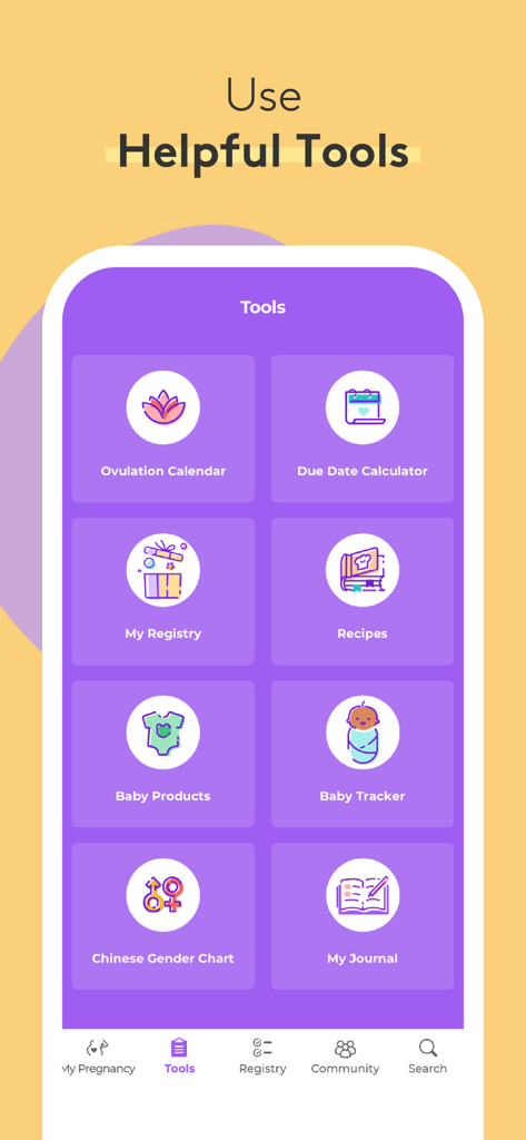 Pregnancy Baby Tracker - WTE - A screen from the What to Expect app showing pregnancy and baby tools like an ovulation calendar and due date calculator