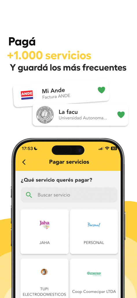 Vaquita - Interfaz de la aplicación móvil Vaquita para pagar servicios y guardar facturas frecuentes